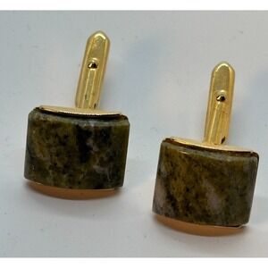 Cuff Links Gold Tone Mid Century Vintage Green Agate